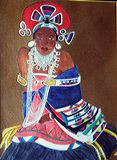 Femme de l'etnie ngwane d'Afrique du sud dans son costume traditionnel peinte  l'aquarelle sur fond d'or (62x74cm)