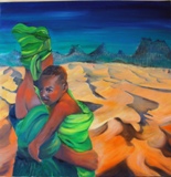 Huile reprsentant une femme berant son enfant dans le dsert.(100/100cm)<br>
tableau puisant son inspiration dans la chanson de Michle Bernard, Nomade