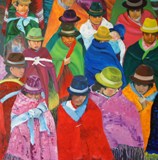Huile reprsentant le peuple pruviens revenant du march (100/100)