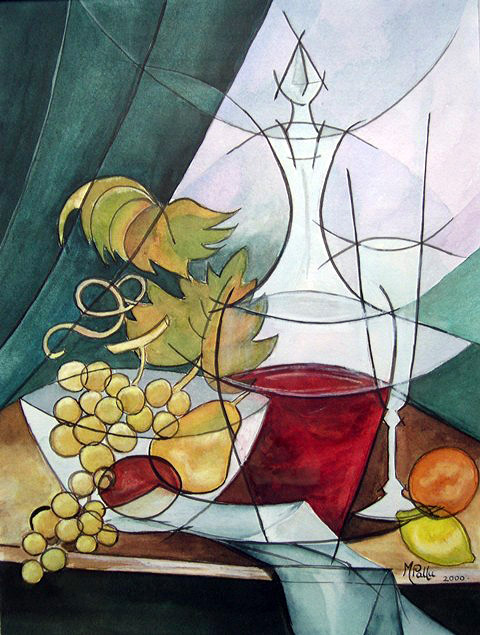 tableau  l'aquarelle reprsentant une nature morte  la gloire du 	dieu du vin Bacchus