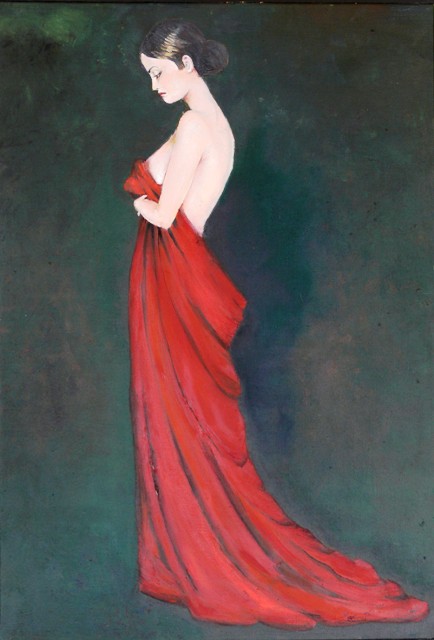 tableau l'huile reprsantant une femme drape dans une longue robe 	rouge