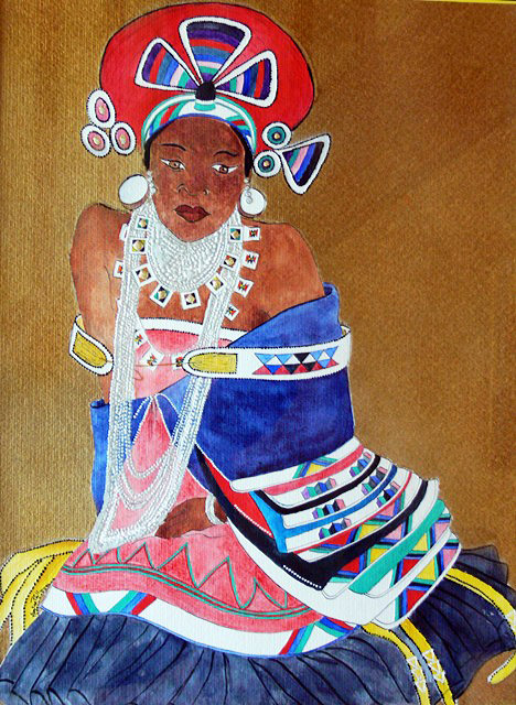 tableau  l'aquarelle d'une femme de l'ethnie ngwane d'Afrique du Sud dans son costume traditionnel