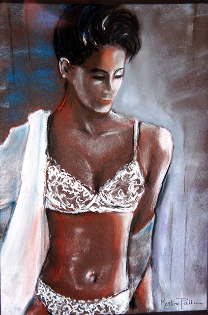 tableau au pastel sec reprsentant unefemme en sous-vtement de dentelle 	blanche