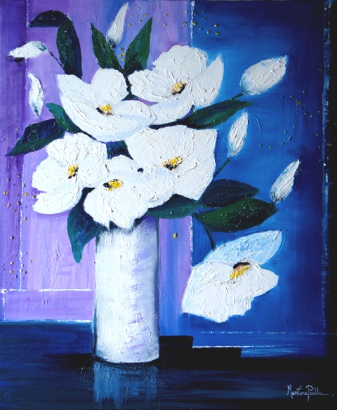 Bouquet peint  l'huile avec une dominante de blanc