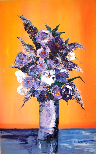 Bouquet peint  l'huile avec une dominante de lilas