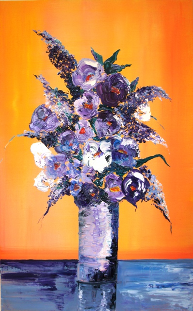 Bouquet peint  l'huile avec une dominante de lilas