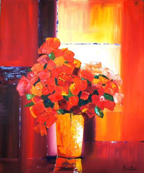 Bouquet peint  l'huile avec une dominante d'orange