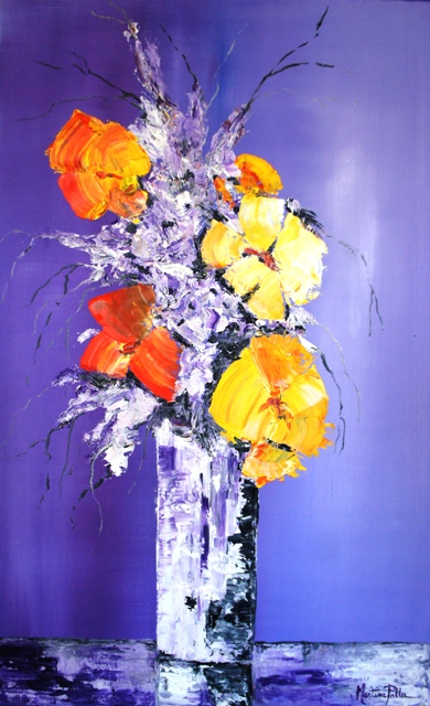 Bouquet peint  l'huile avec une dominante de fleurs de pavots