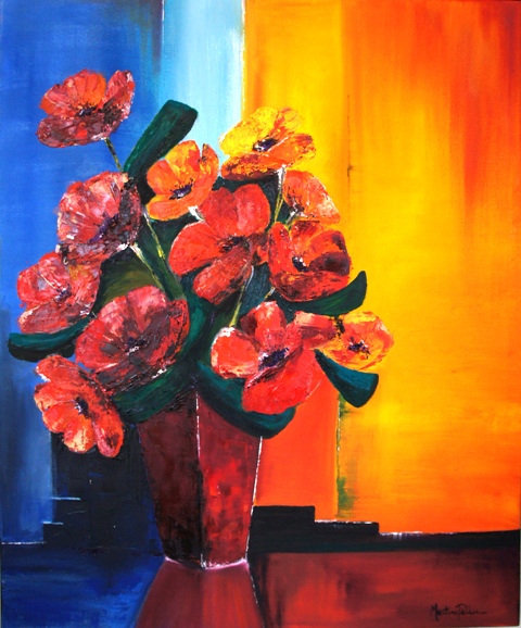 Bouquet peint  l'huile avec une dominante de rouge