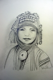 Portrait d'un enfant de la tribu akha dans son habit traditionnel,  la mine de plomb (30x40cm), vendu.