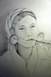 Portrait d'une femme appartenant  l'ethnie Mien vivant dans le nord de la Thalande,  la mine de plomb (50x40cm), vendu.