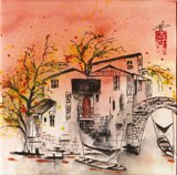 Ancien village de la rgion de Shangha  l'encre de Chine aquarelle, (25x25cm) Vendu. 