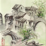 Ancien village de la rgion de Shangha  l'encre de Chine aquarelle, (25x25cm) Vendu.