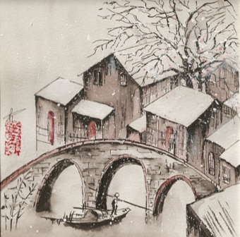 dessins  l'encre de chine aquarelle reprsentant un village ancien de Chine