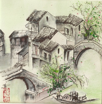 dessins  l'encre de chine aquarelle reprsentant un village ancien de Chine