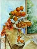 Nature morte oranges et branche de fleurs  l'aquarelle (59x72cm) tableau vendu