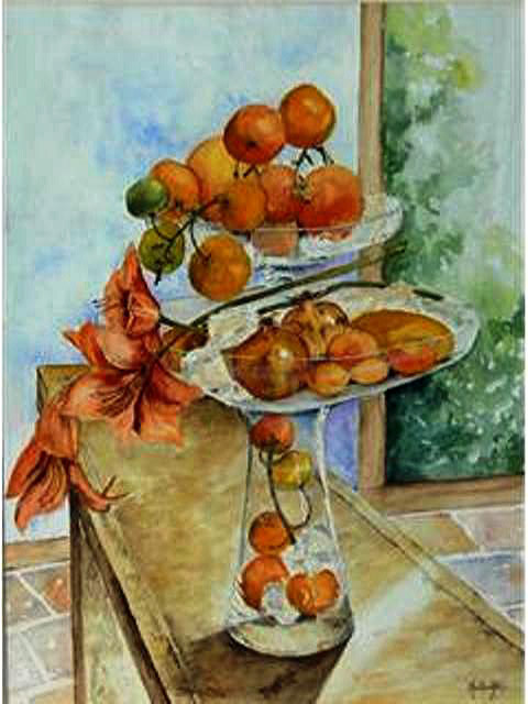 aquarelle reprsentant un bouquet orange et des oranges