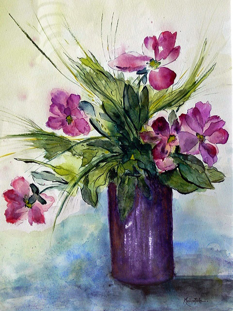 aquarelle reprsentant un vase mauve garni de fleurs mauves