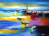 Huile reprsentant un port trs colore (taille80cm sur 65cm)