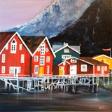 Huile reprsentant les maisonsrouges de Lofoten (taille 70cm sur 70cm)