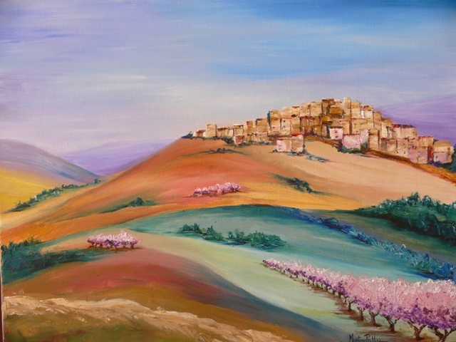 Paysage du midi de la France, premier plan des amandiers en fleurs