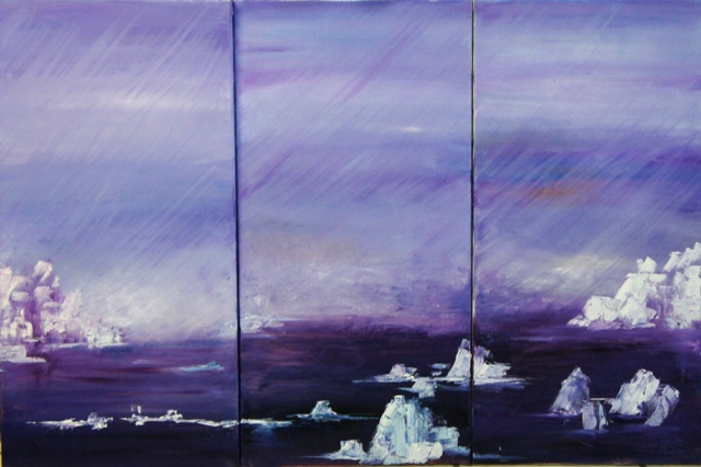 triptyque  l'huile reprsentant les icebers qe la mer norvgienne